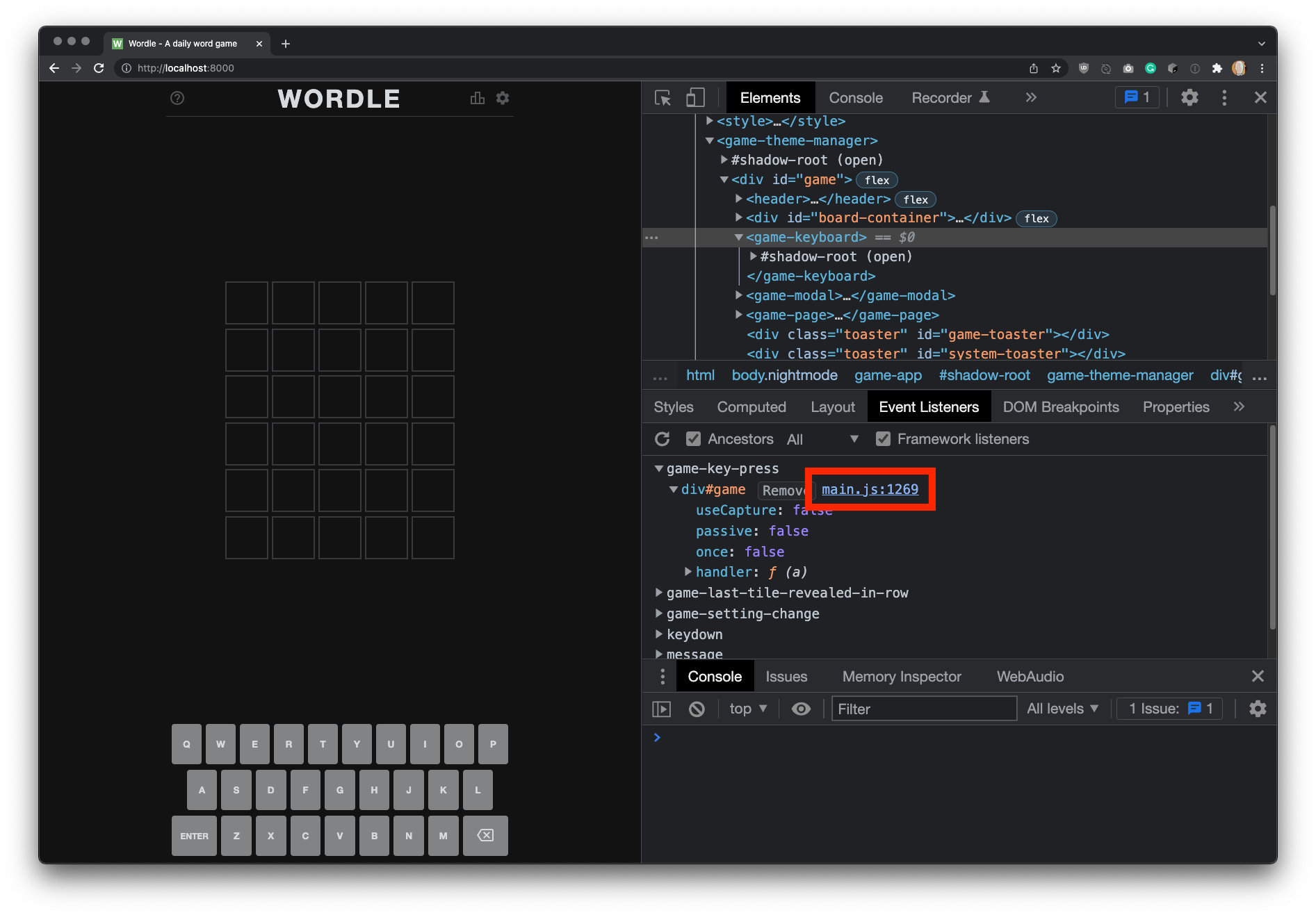 Inspecting WORDLE Web Application with Chrome Devtools